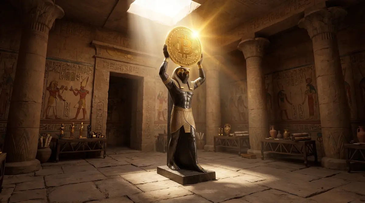 Horus heft een gouden bitcoin-munt in de tempel
